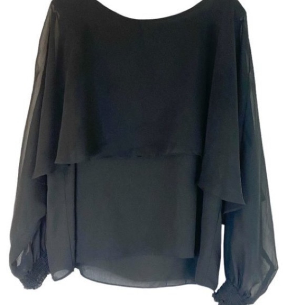Marc New York Black Cape Overlay Blouse – Sheer Chiffon Wing Sleeve Top XL - Picture 7 of 8